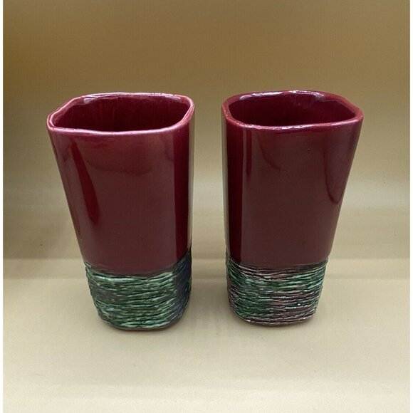 Mid Century Aborn California Pottery 5.5” Red Tree Bark Vase R-1 LOT 2 Matching - Picture 5 of 12